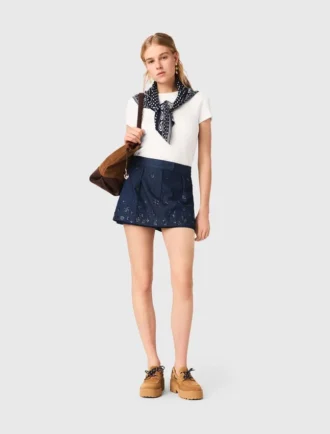 Layered effect embroidered denim skort