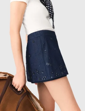 Layered effect embroidered denim skort