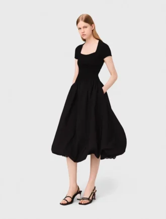 Long ribbed knit and taffeta dress