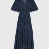 Metallic ruffled midi dress