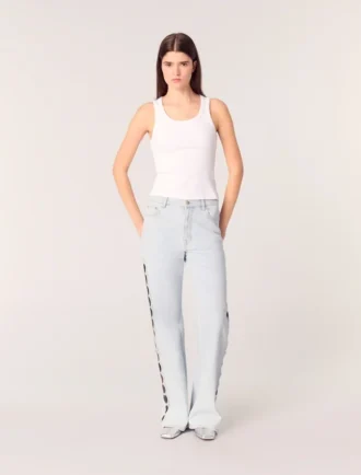 Wide-leg rhinestone cutaway jeans